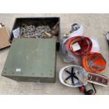 AN ASSORTMENT OF ITEMS TO INCLUDE U BOLTS, A METAL CABINET AND HARD HATS ETC