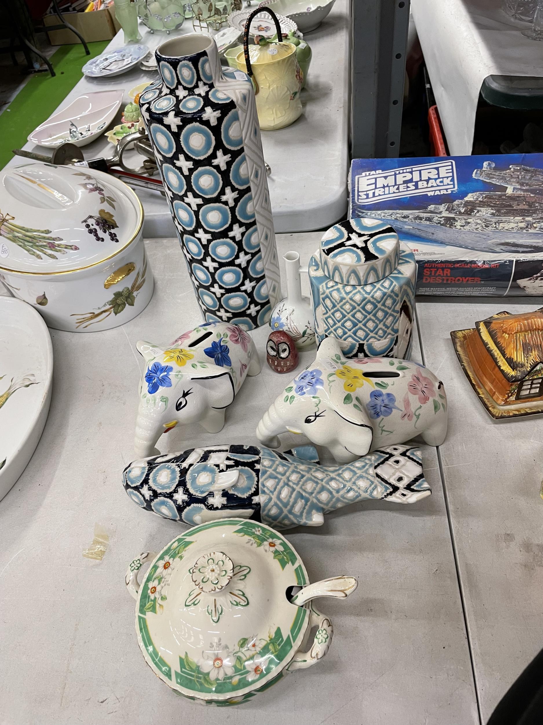 A QUANTITY OF CERAMICS TO INCLUDE, THREE STUDIO POTTERY ITEMS WITH AN AZTEC PATTERN, ELEPHANT