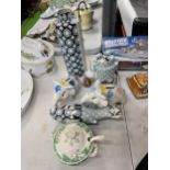 A QUANTITY OF CERAMICS TO INCLUDE, THREE STUDIO POTTERY ITEMS WITH AN AZTEC PATTERN, ELEPHANT
