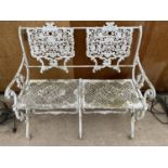 A VINTAGE CAST ALLOY TWO SEATER BENCH WITH DECORATIVE BACK AND SEAT (L:96CM)