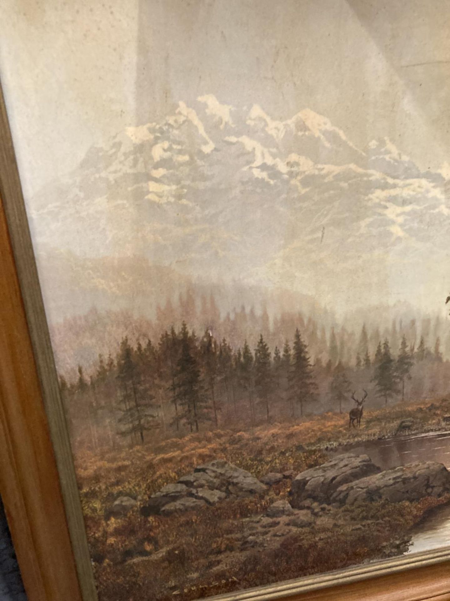 A FRAMED PRINT DEPICTING A LAKE SCENE WITH A STAG AND MOUNTAINOUS BACK DROP - Image 3 of 4