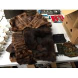 A COLLECTION OF FUR WRAPS AND STOLES PLUS TWO VINTAGE BEADED HANDBAGS, AND ONE OTHER