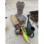 AN ASSORTMENT OF ITEMS TO INCLUDE A BIRD TABLE TOP, A GRASS TRIMMER AND PLANTERS ETC