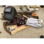 AN ASSORTMENT OF TOOLS TO INCLUDE A WOOD PLANE, SAWS AND A WELDING MASK ETC