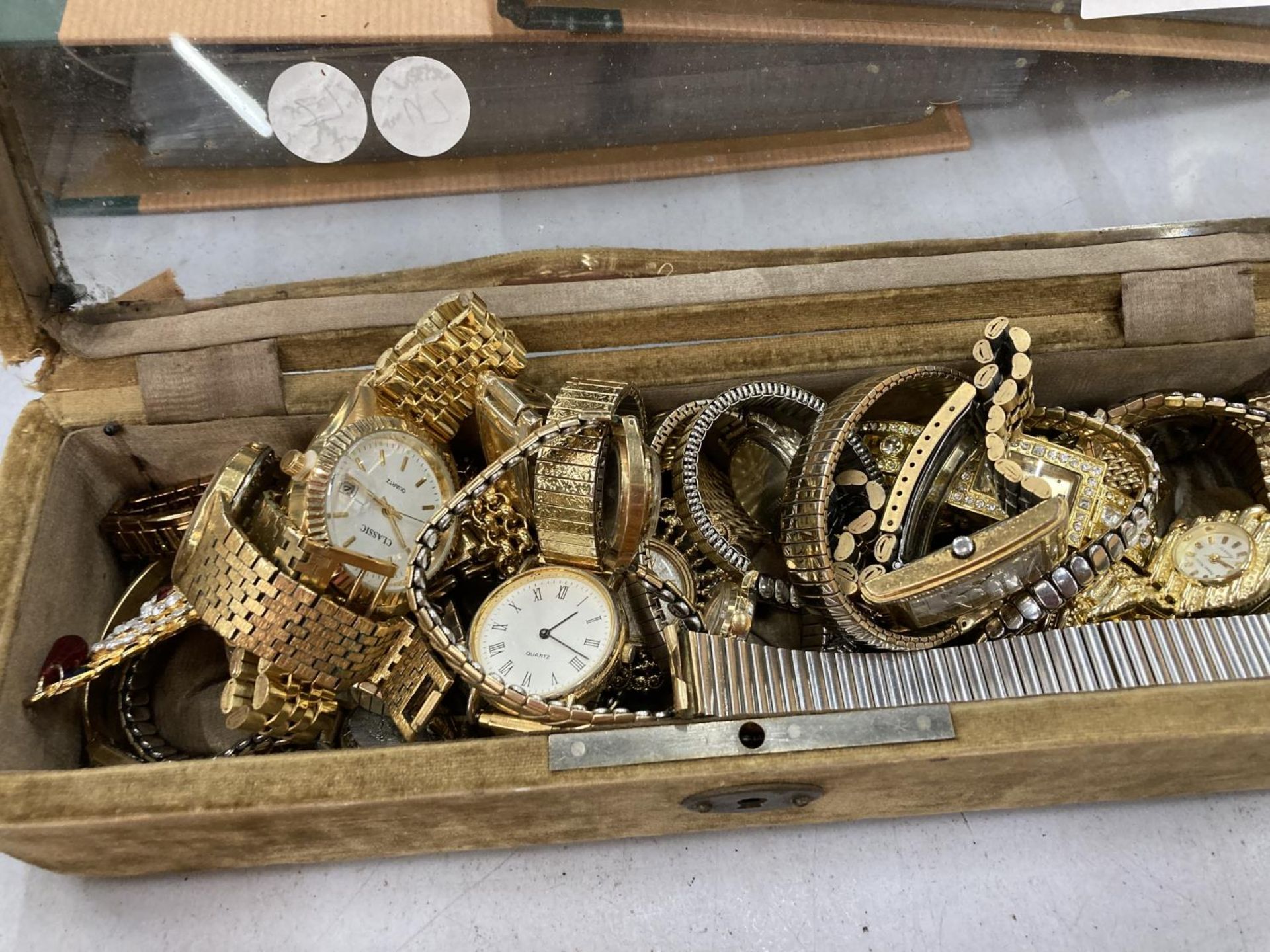 A VICTORIAN DISPLAY BOX CONTAINING A NUMBER OF WRISTWATCHES INCLUDING SEKONDA, TIMEX, TISSOT, ETC - Image 2 of 3
