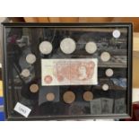 A FRAMED TEN SHILLING AND PRE DECIMAL COINAGE