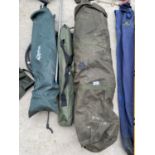 AN ASSORTMENT OF FISHING ITEMS TO INCLUDE A TENT AND A KEEP NET ETC