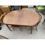 A RETRO TEAK EXTENDING DINING TABLE, 60X37.5" (LEAF 21") AND FOUR ERCOL ELM AND BEECH DINING CHAIRS,