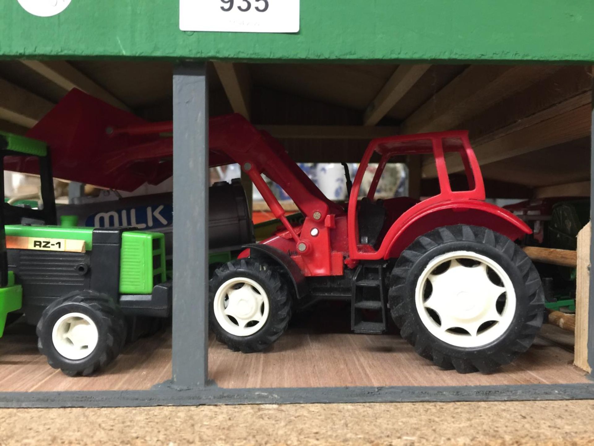 A HANDMADE WOODEN OPEN BARN CONTAINING TRACTORS, TRAILERS, ETC - Image 3 of 3