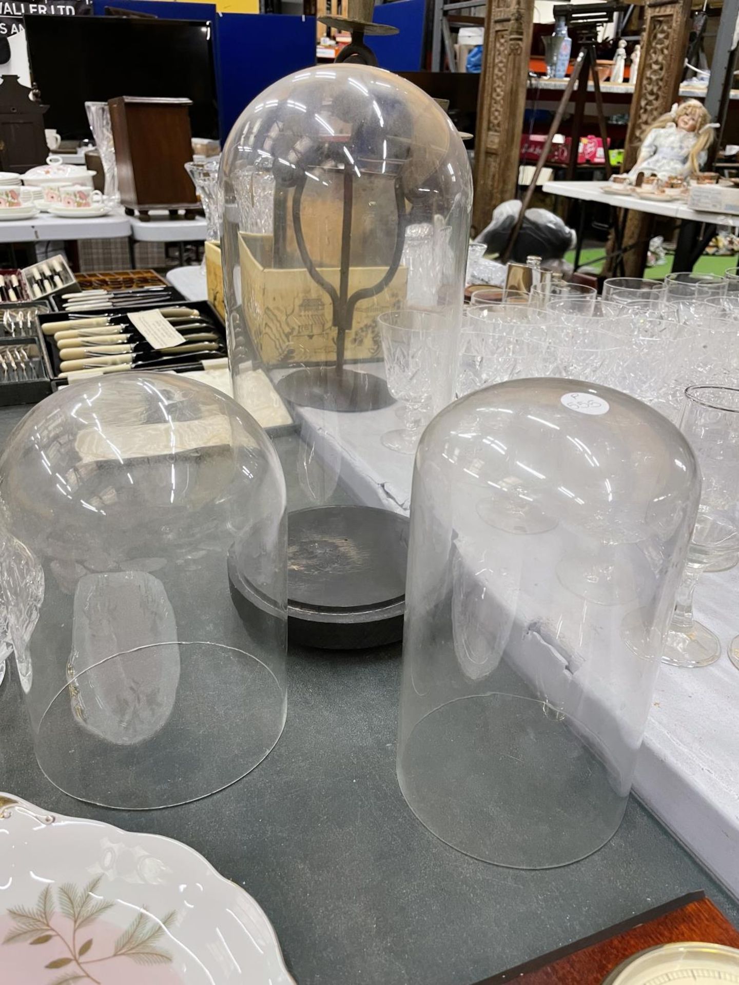 THREE GLASS DOMES TO INCLUDE ONE WITH A BASE
