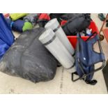 AN ASSORTMENT OF CAMPING ITEMS TO INCLUDE A TENT, MATS AND SEAT ETC