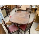 AN EARLY 20TH CENTURY OAK GATELEG DINING TABLE AND BARLEYTWIST LEGS AND FOUR CHAIRS ON BOBBIN TURNED