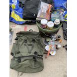 AN ASSORTMENT OF FISHING BAIT AND A TACKLE BAG ETC