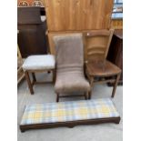 A BEDROOM CHAIR, OAK STOOL, LONG LOW STOOL AND KITCHEN CHAIR