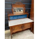 A VICTORIAN WALNUT WASHSTAND WITH MARBLE TOP, TILES AND MIRRORED BACK, 48" WIDE