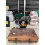 AN ASSORTMENT OF ITEMS TO INCLUDE A TRAVEL CASE, A GARDEN SEEDER AND A GALVANISED BUCKET ETC