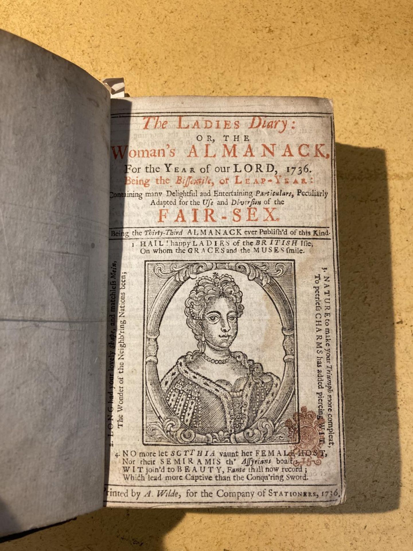 THE LADIES DIARY OR THE WOMAN'S ALMANACK 1736 PUBLISHED B A WILDE, FULL RED LEATHER, VERY SCARCE AND - Image 4 of 5