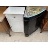 A MODERN WHITE BEDSIDE CUPBOARD AND PAINTED CORNER CUPBOARD