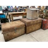 TWO VINTAGE METAL STORAGE TRUNKS AND A FURTHER GALVANISED STORAGE CHEST