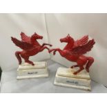 A PAIR OF HEAVY CAST MOBIL OIL PEGASUS STATUES HEIGHT 34CM LENGTH LENGTH 29CM