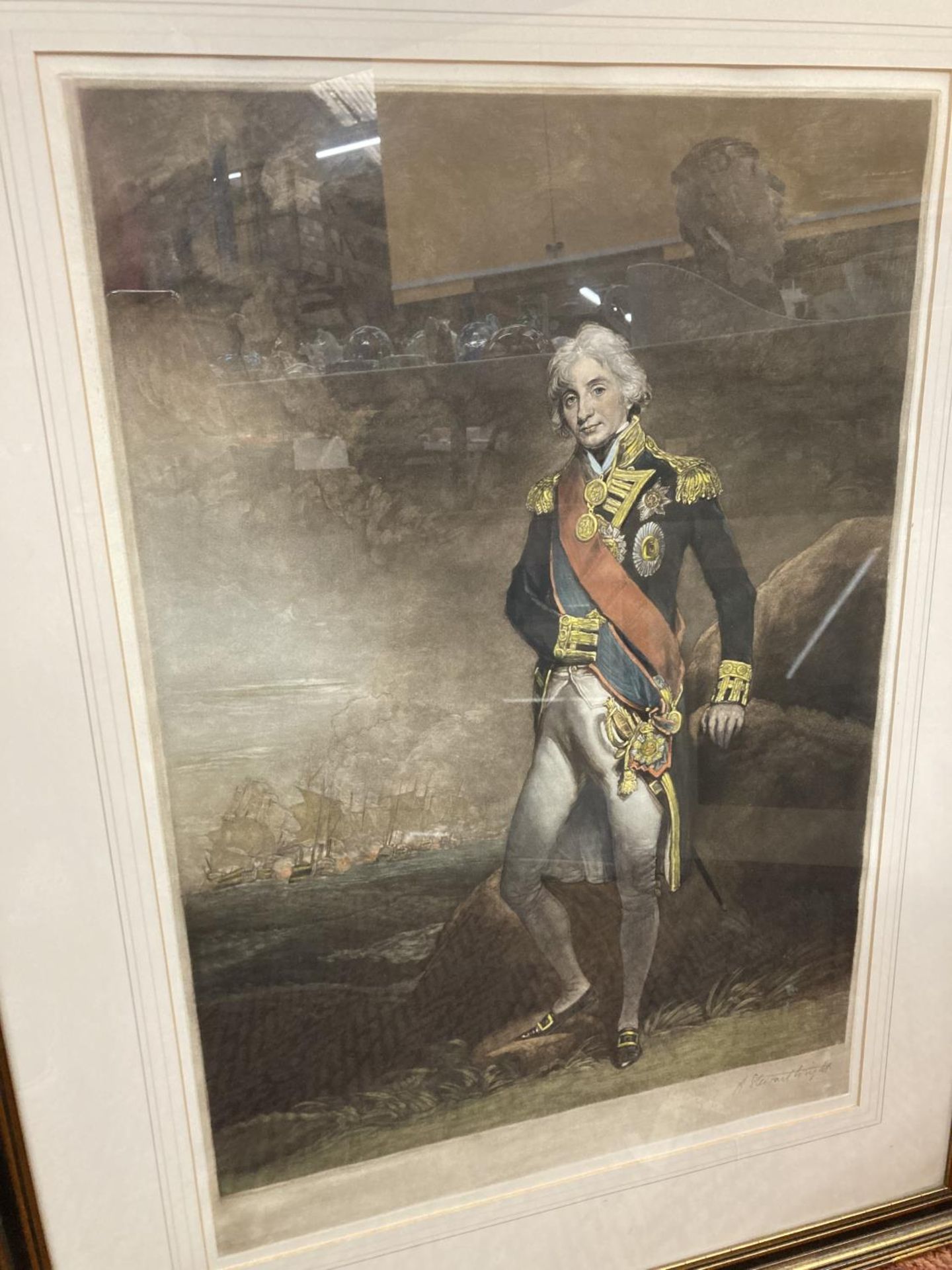 A LARGE FRAMED MEZZOTINT PRINT PF LORD NELSON SIGNED STUART WRIGHT W: 69CM H: 91CM - Image 2 of 3