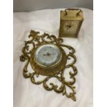 A GILT FRAMED BAROMETER AND A SCHILLER CARRIAGE CLOCK