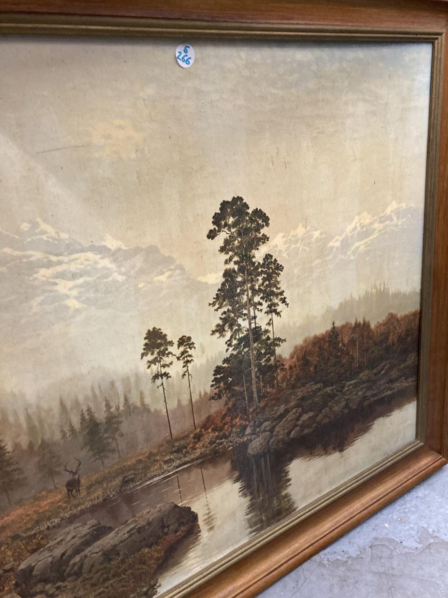 A FRAMED PRINT DEPICTING A LAKE SCENE WITH A STAG AND MOUNTAINOUS BACK DROP - Image 4 of 4