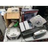 AN ASSORTMENT OF ITEMS TO INCLUDE RADIOS, CD PLAYERS AND A PROJECTOR ETC