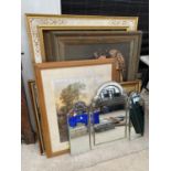 AN ASSORTMENT OF FRAMED PRINTS, PICTURES AND MIRRORS