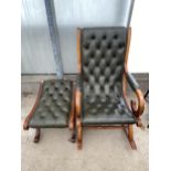 A VICTORIAN STYLE GREEN BUTTON-BACK ROCKING CHAIR AND MATCHING STOOL