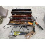 AN ASSORTMENT OF TOOLS TO INCLUDE SPANNERS, A RYOBI ANGLE GRINDER AND SHEARS ETC