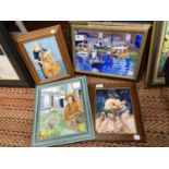 FOUR FRAMED OIL ON CANVAS DEPICTING A MAN PLAYING A CELLO, SUMO WRESTLERS FIGHTING, A LADY