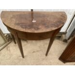 A 19TH CENTURY MAHOGANY AND INLAID FOLD-OVER TEA TABLE ON TAPERED LEGS, 36" WIDE