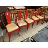 A SET OF FIVE BRIGHT RED RETRO DINING CHAIRS WITH ELM SEATS