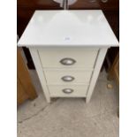 A JOHN LEWIS THREE DRAWER CHEST WITH SCOOP HANDLES, 17" WIDE