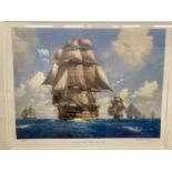 A LARGE GILT FRAMED SIGNED LIMITED EDITION PRINT OF NELSON'S SHIPS TITLED 'VICTORY ON THE ATLANTIC