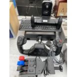 AN ASSORTMENT OF GAMING ITEMS TO INCLUDE KEYBOARDS AND A SAITEK PRO FLIGHT YOKE SYSTEM ETC