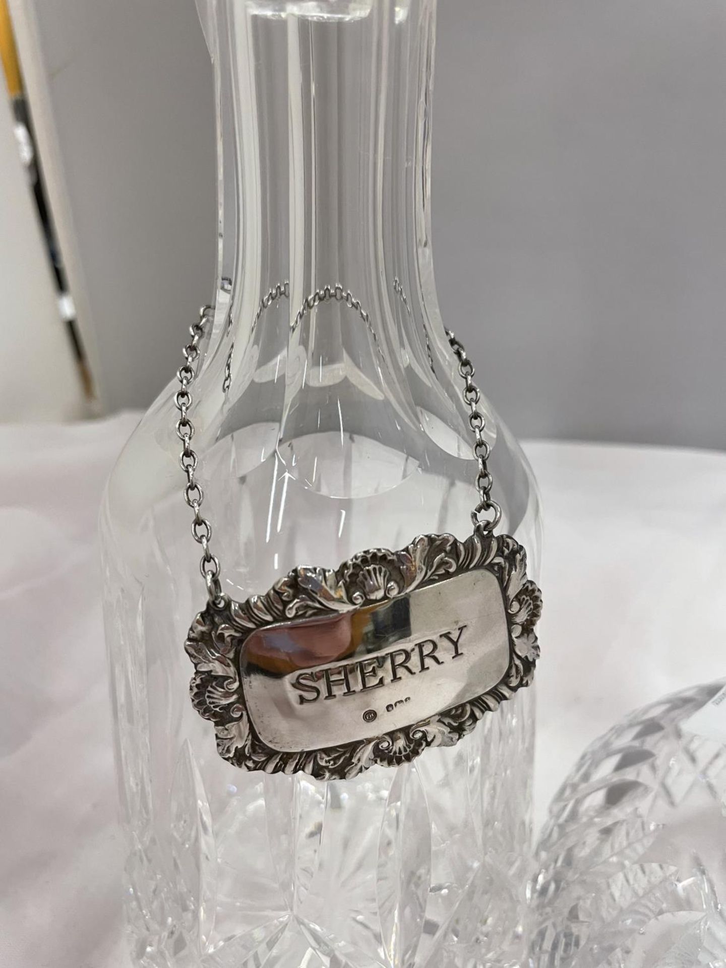 TWO CUT GLASS DECANTERS, ONE WITH A SILVER 'SHERRY' COLLAR - Image 2 of 4