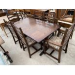 AN OAK NEW PLAN REFECTORY STYLE DINING TABLE, 59 X 35" AND SIX LADDERBACK DINING CHAIRS, TWO BEING