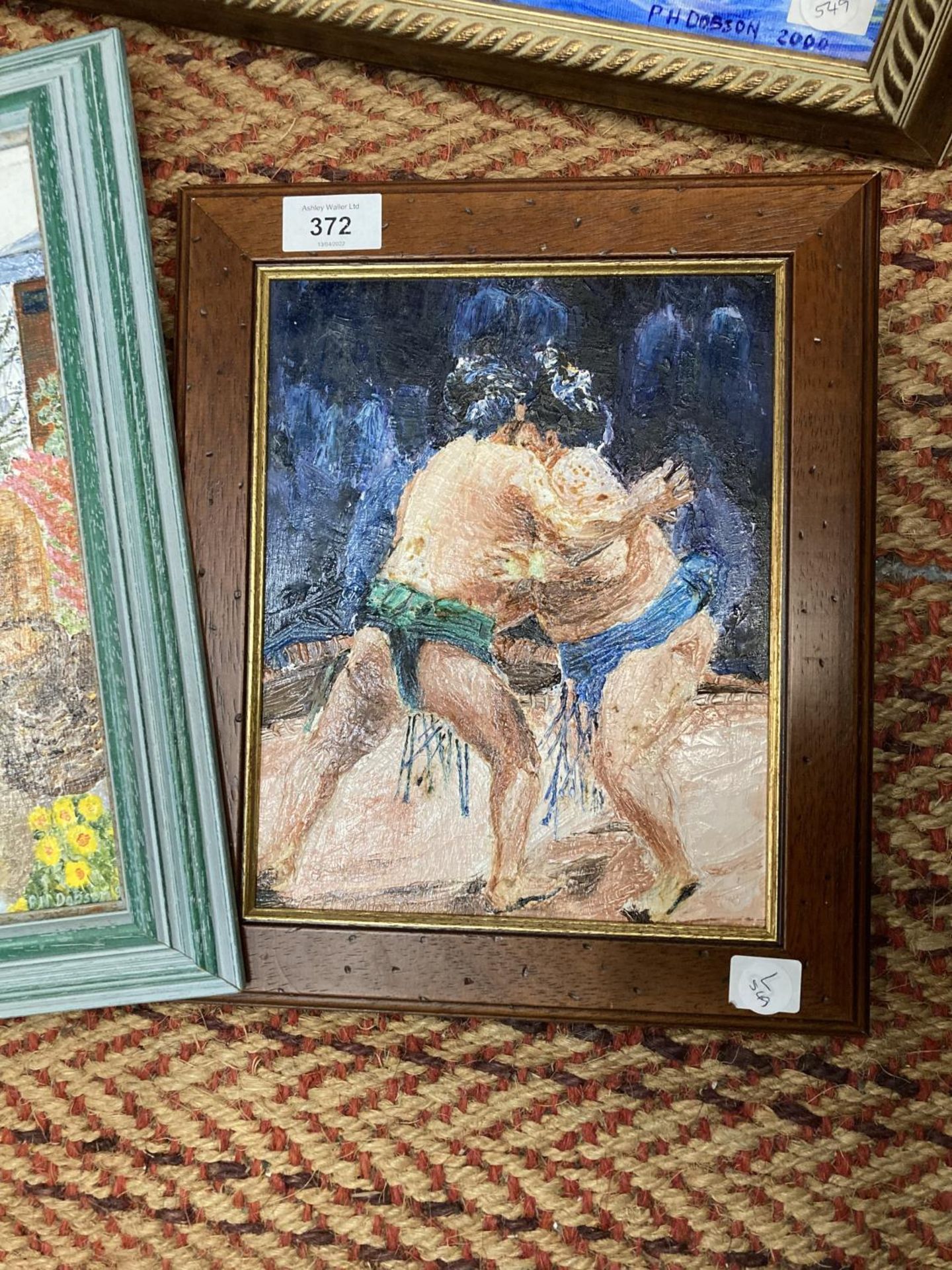 FOUR FRAMED OIL ON CANVAS DEPICTING A MAN PLAYING A CELLO, SUMO WRESTLERS FIGHTING, A LADY - Image 3 of 5