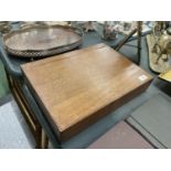 A MAHOGANY BOX CONTAINING A QUANTITY OF COSTUME JEWELLERY INCLUDING BANGLES, BEADS, WATCHES,