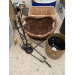AN ASSORTMENT OF FIRESIDE ITEMS TO INCLUDE TWOI WICKER BASKETS, A BRASS COAL SKUTTLE AND A PAIR OF