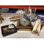 A MODEL OF A TRAWLER ON A STAND LENGTH APPROX 30CM, SPEEDBOAT MODEL, BAROMETER, METRONOME, ETC