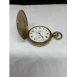 A GOLD PLATED THOS RUSSELL AND SON LIVERPOOL POCKET WATCH SEEN WORKING BUT NO WARRANTY IN A