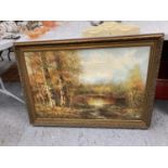 A LARGE OIL ON CANVAS OF A WOODLAND LAKE SCENE IN ORNATE FRAME SIGNED BY J. MEDINA. A/F: FRAME HAS