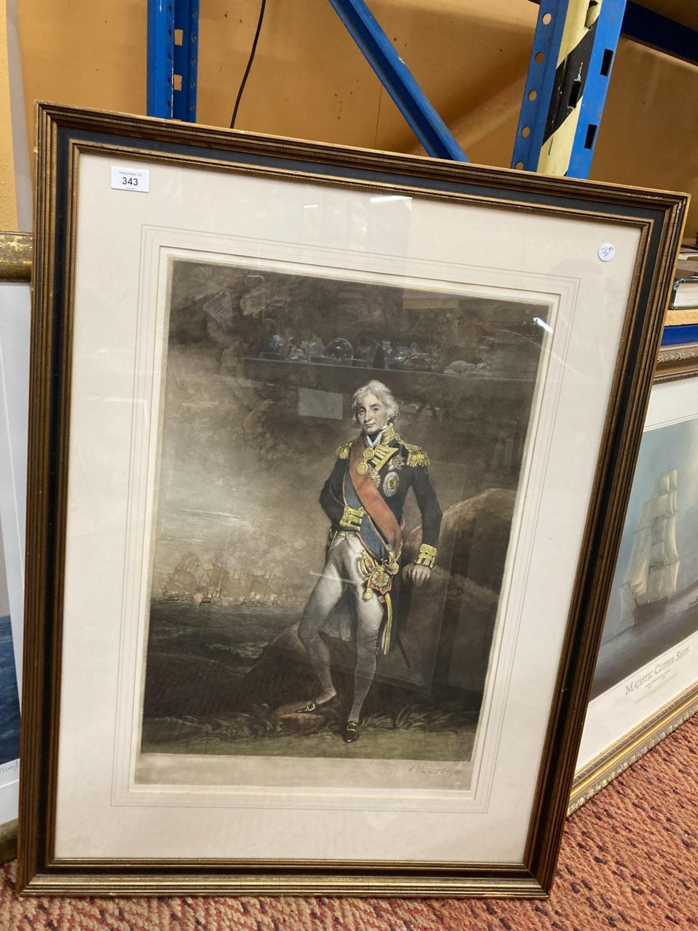 A LARGE FRAMED MEZZOTINT PRINT PF LORD NELSON SIGNED STUART WRIGHT W: 69CM H: 91CM