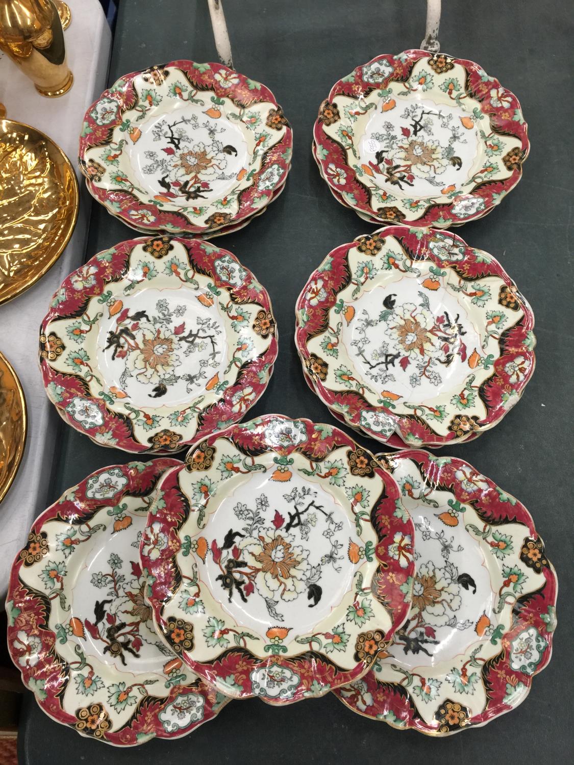 ELEVEN MASON'S PLATES/BOWLS WITH HANDPAINTED DESIGN SOME A/F
