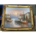 A GILT FRAMED OIL ON CANVAS OF THREE FISHING BOATS IN THE DOCKS SIGNED BY ARTIST W. JONES