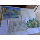 EIGHT ASSORTED WATERCOLOURS AND PENCIL SKETCHES TO INCLUDE WORKS BY PAT WHITE, FROM THE STUDIO