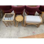 A BAMBOO STOOL AND TWO TABLES